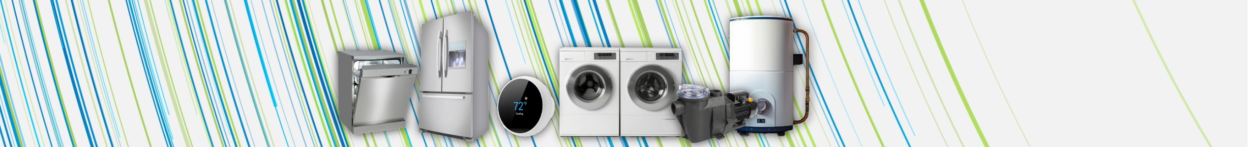 A collection of modern home appliances including a dishwasher, refrigerator, smart home device, two washing machines, and a water heater, set against a background of blue and green diagonal lines.