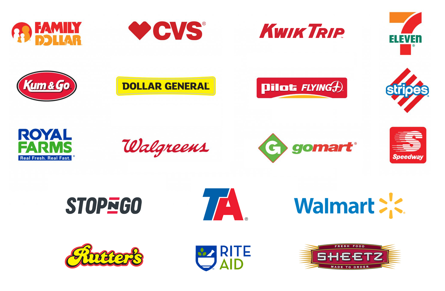 Logos for Retail Cash Payment Service Providers, •	Pilot Travel Centers •	Stripes •	Royal Farms •	Walgreens •	GoMart •	Speedway •	Stop & Go •	TravelCenters of America •	Walmart •	Rutter’s  •	Rite Aid  •	Sheetz •	Pilot Travel Centers •	Stripes •	Royal Farms •	Walgreens •	GoMart •	Speedway 