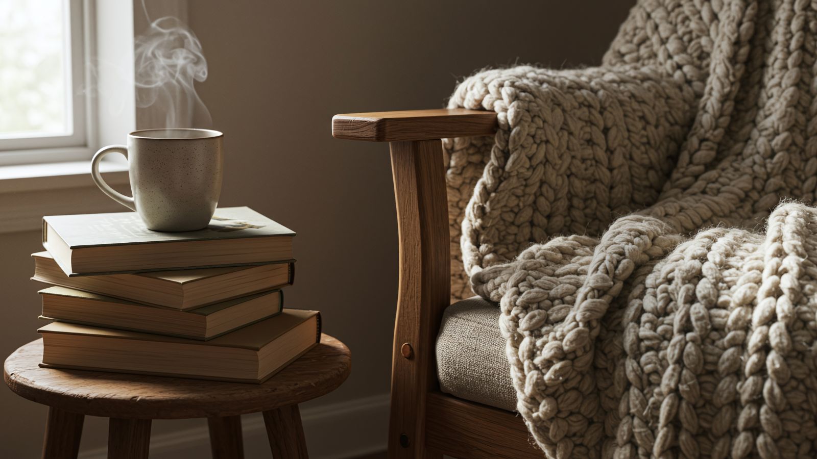 sun shining through window, stool with a stack of books and hot coffee in front of a rocking chair draped with a blanket.